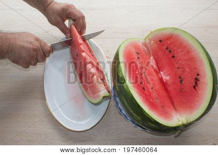 Men hand hold from on fresh watermelon cutting for eatin on table background. Male cutting a delicious sweet watermelon