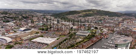 Editorial Swansea, UK - July 29, 2017: The commercial heart of Swansea City, showing the Marina, the bus station, the market and main shopping complex, superstores and the LC2 Leisure centre,