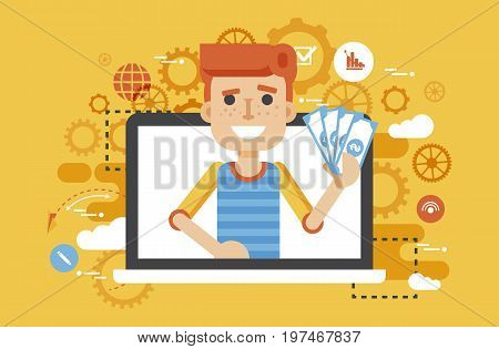 Stock vector illustration man money in hand design element financial education, banking, deposit, win, earning, income, saving, discount, online marketing management flat style yellow background icons