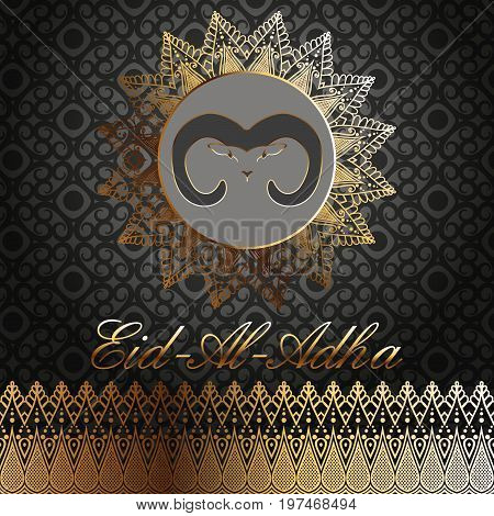 Aid- Al- Adha. Card or postcard for an Islamic holiday. Vector illustration with an oriental pattern, a sheep or a sheep on a gray background