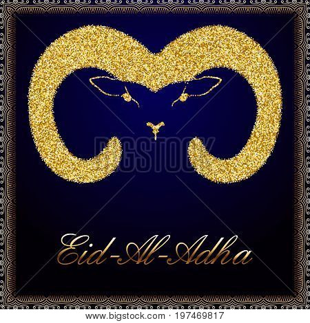 The head of a sheep from golden sequins to an Islamic holiday Aid- Al- Adha. Vector illustration on a blue background