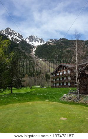 CHAMONIX-MONT-BLANC FRANCE - APRIL 20 2016: Panoramic view of Chamonix in french Alps Chamonix is one of the oldest ski resorts in France