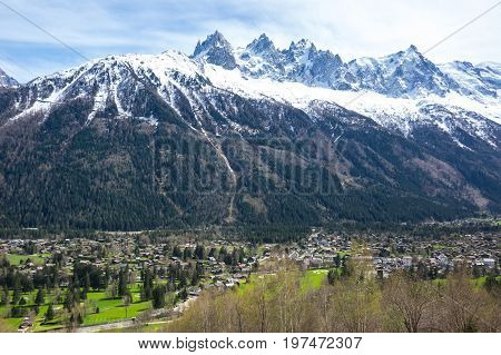 Panoramic view of Chamonix and Alps the highest and most extensive mountain range system that lies entirely in Europe