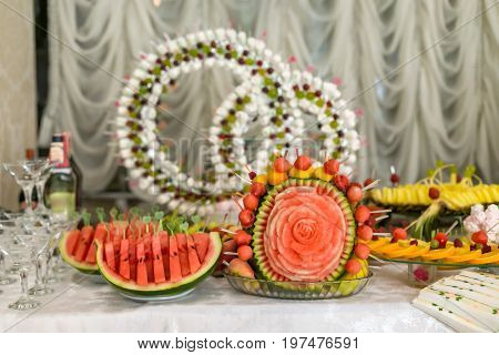 Banquet, wedding table, meal at the wedding, reception, table decor, decor of food