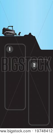 Mini tractor with scraper. Poster for construction companies with infographic elements