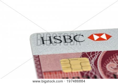 Ostersund, Sweden- July 29, 2017: HSBC credit card on white background. HSBC Bank is one of the largest banking and financial services organisation