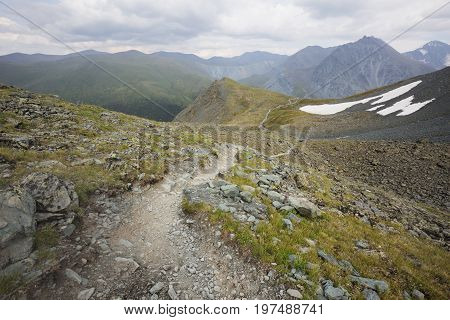 Path Descent from the pass Kara-Turek mountain Altai Russia
