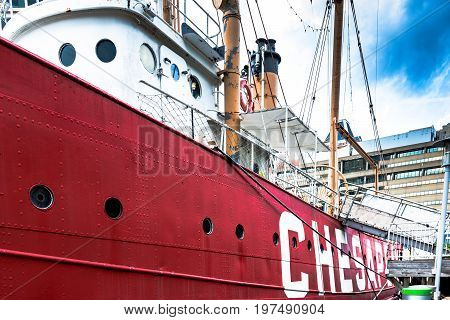 Baltimore Maryland USA - July 10 2017: Looking down the hull of the Lightship Chesapeake a museum ship owned by the National Park Service.