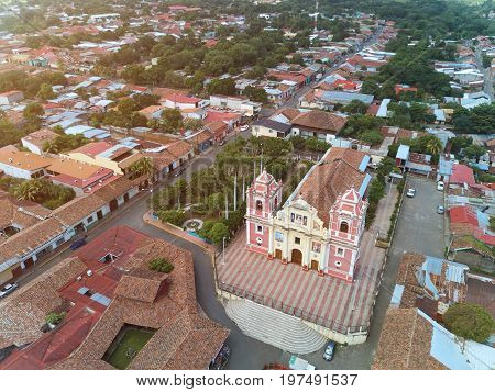 Aerial panorama of Leon  city in Nicaragua. Cityscape of central america town