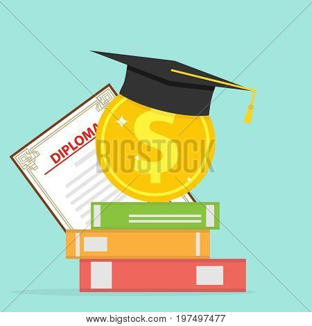 Investment in education. A gold coin with books and a graduate cap. Flat design vector illustration vector.