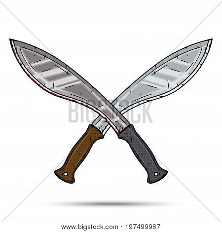 Two crossed cartoon machetes. Cartoon kukri. Vector illustration isolated on white background