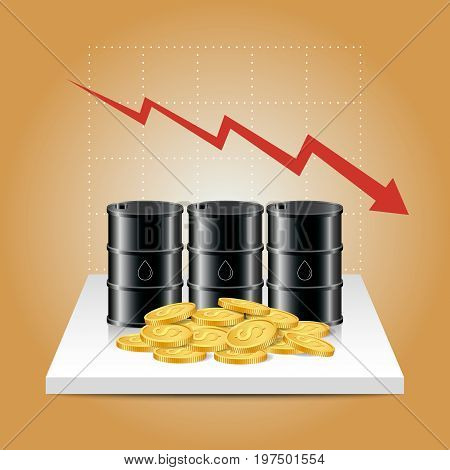 Oil Industry Concept. Oil Price Falling Down Graph With Oil Tank And Dollar Coins.