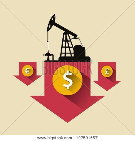 Oil Industry Concept. Oil Price Falling Down Arrow With Petroleum Pump And Dollar, Pound, Euro Coin.
