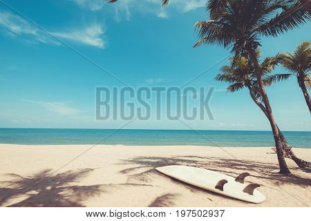 Surfboard on tropical beach in summer. landscape of summer beach and palm tree with sea blue sky background. Vintage color tone