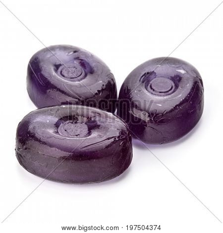 Three colorful fruit hard sugar candies,  boiled sweeties or sugar plums isolated on white background cutout