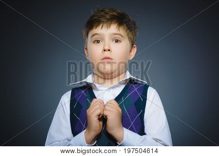 Closeup Scared and shocked little boys. Studio shot portrait over gray background. Human emotion face expression. Life perception achievement vision.