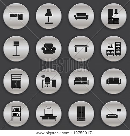 Set Of 16 Editable Interior Icons. Includes Symbols Such As Divan, Trestle, Cuisine And More