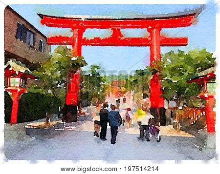 Digital watercolor painting of a Tori gate the entrance to Fushimi Inari Shrine in Kyoto Japan on a sunny day.