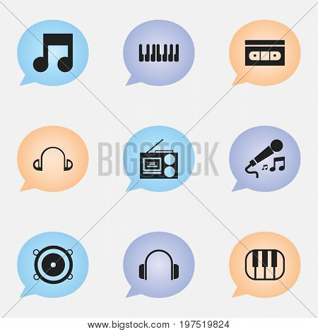 Set Of 9 Editable Sound Icons. Includes Symbols Such As Earpiece, Cassette Player, Piano And More