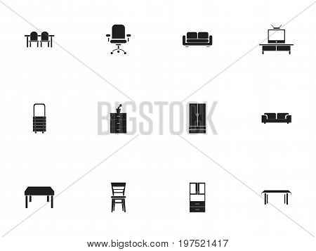 Set Of 12 Editable Furniture Icons. Includes Symbols Such As Davenport, Trestle, Wooden Table And More