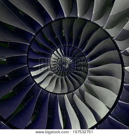 Turbine blades wings spiral effect abstract fractal pattern background. Spiral industrial production metallic turbine background. Turbine manufacturing technology abstract fractal pattern staircase