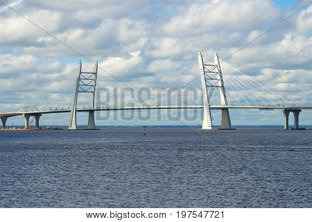 A new cable-stayed bridge across the ship's channel at the mouth of the Great Neva. Saint-Petersburg, Russia