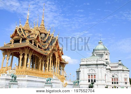 BANGKOK, THAILAND - JULY 30, 2017 : The Ananta Samakhom Throne Hall and Borom Mangkhanusoranee Throne hall are royal reception halls within Dusit Palace.