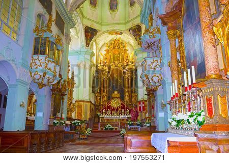 Salzburg, Austria - May 01, 2017: Saint Peter Abbey Church interior at Salzburg, Austria on May 01, 2017. Founded in 696 it is considered one of the oldest monasteries in the German speaking area.