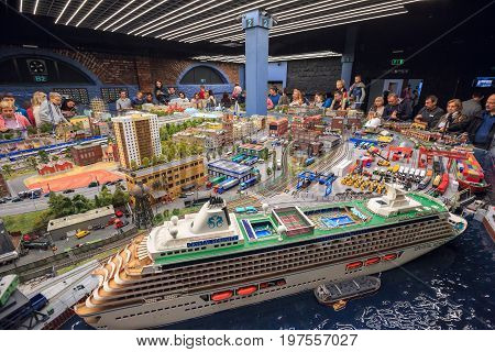 SAINT PETERSBURG, RUSSIA - JULY 1, 2017. Interior of the exhibition Grand Maket Rossiya - the largest model layout in Russia, which shows the different landmarks of Russian Federation. Saint Petersburg, Russia