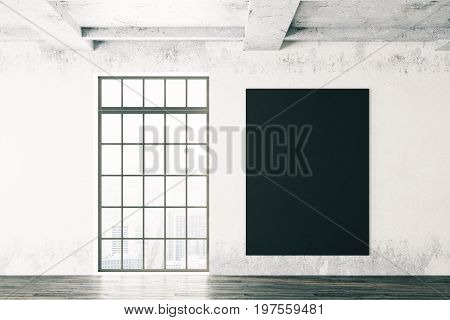 Room interior with blank chalkboard on aged concerete wall ceiling window with city view wooden floor and daylight. Mock up 3D Rendering