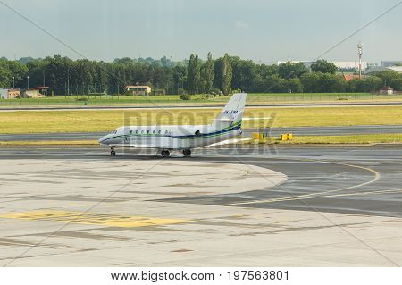 PRAGUE, CZECH REPUBLIC - JUNE 16, 2017: Cessna 680 Citation Sovereign OK-EMA Is waiting.