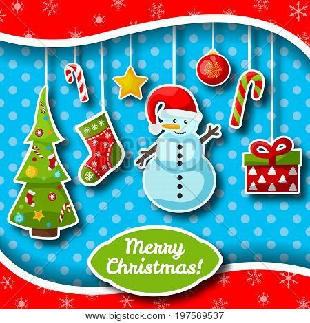 Colorful flat merry christmas postcard with hanging toys and decorations vector illustration