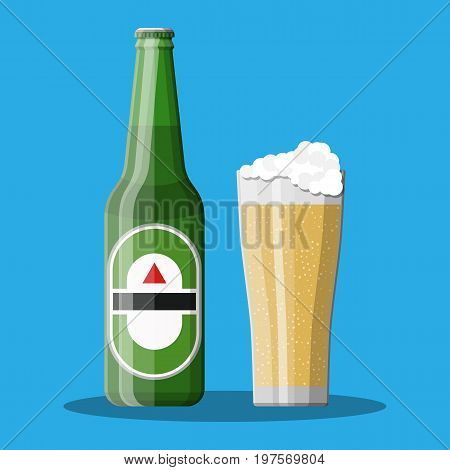 Bottle of beer with glass. Beer alcohol drink. Vector illustration in flat style