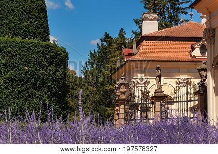 Baroque chateau Buchlovice in the Czech Republic. Classical baroque building. Tourism in Central Europe. Ornamental gardens