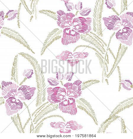 Elegant seamless pattern with hand drawn decorative lily flowers design elements. Floral pattern for wedding invitations cards wallpapers scrapbooking print gift wrap manufacturing. Embroidery