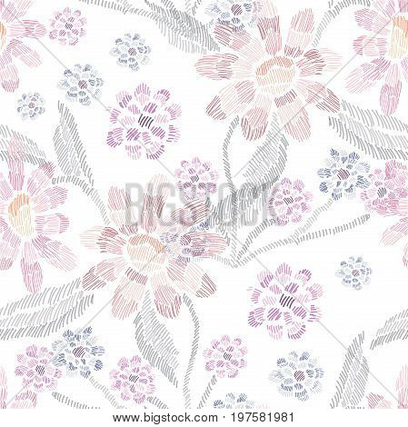 Elegant seamless pattern with hand drawn decorative flowers design elements. Floral pattern for wedding invitations cards wallpapers scrapbooking print gift wrap manufacturing. Embroidery