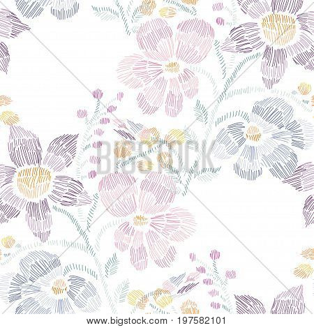 Elegant seamless pattern with hand drawn decorative flowers design elements. Floral pattern for wedding invitations cards wallpapers scrapbooking print gift wrap manufacturing. Embroidery
