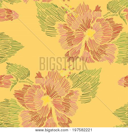 Elegant seamless pattern with hand drawn decorative hibiscus flowers design elements. Floral pattern for invitations cards wallpapers scrapbooking print gift wrap manufacturing. Embroidery