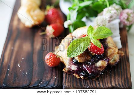 Blueberry Cake Decprated With Fresh Strawberry