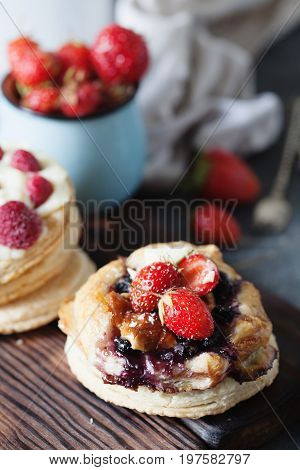 Blueberry Cake Decprated With Fresh Strawberry