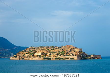 View Of Ancient Ruins Of Medieval Fortress In Spinalonga Island, Crete, Greece