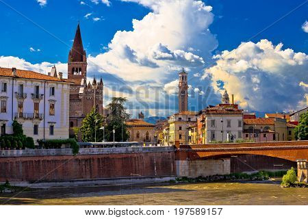 City Of Verona Adige River San Fermo Maggiore Church And Lamberti Tower,