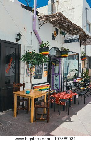 Coralejo, Fuerteventura Island, Spain - April 03, 2017: Street View Of Corralejo With Bars And Resta