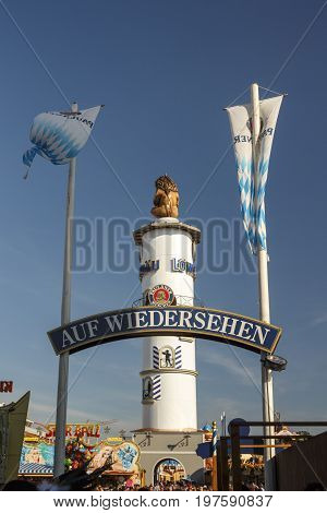 Munich, Germany - September 24, 2016: Famous tower of the Loewenbraeu beer tent with the lion sculpture on top