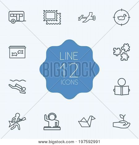 Collection Of Camping, Gardening, Puzzle And Other Elements.  Set Of 12 Hobbie Outline Icons Set.