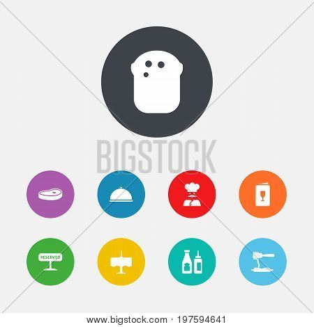Collection Of Meat, Baguette, Dinner Desk And Other Elements.  Set Of 9 Cafe Icons Set.