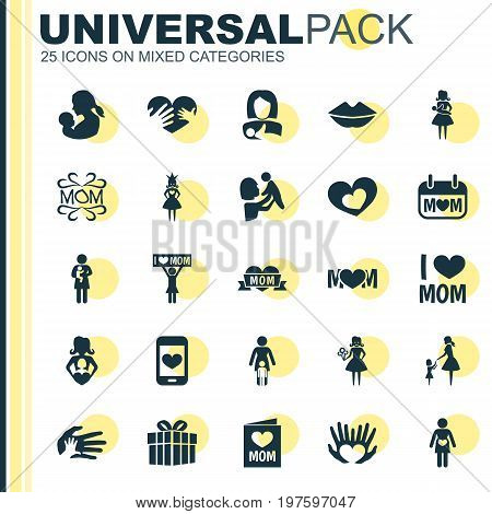 Mothers Day Icon Design Concept. Set Of 25 Such Elements As Mam, Palms And Woman