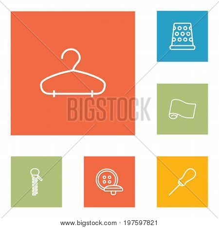 Collection Of Awl, Tremble, Zipper And Other Elements.  Set Of 6 Stitch Outline Icons Set.