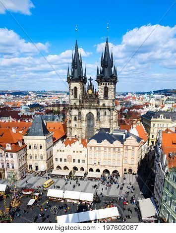 Prague, Czech Republic - April 20, 2017: Tyn Church  And Crowded Stare Mesto (old Town) In Prague On