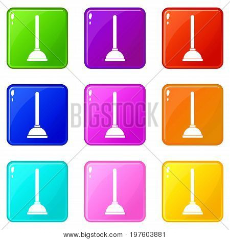 Toilet plunger icons of 9 color set isolated vector illustration